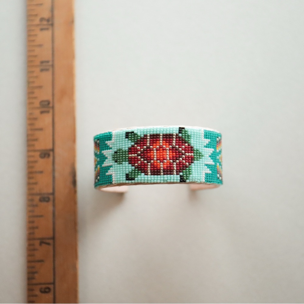 Handcrafted Beaded Cuff Bracelet - Turquoise and Red